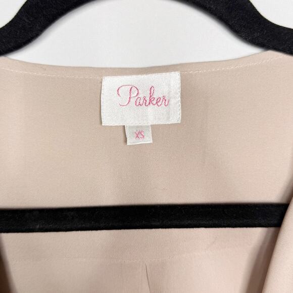 Parker XSmall XS Light Brown Beige Silk Split V Neck Blouse Roll Tab Sleeves - Picture 7 of 11